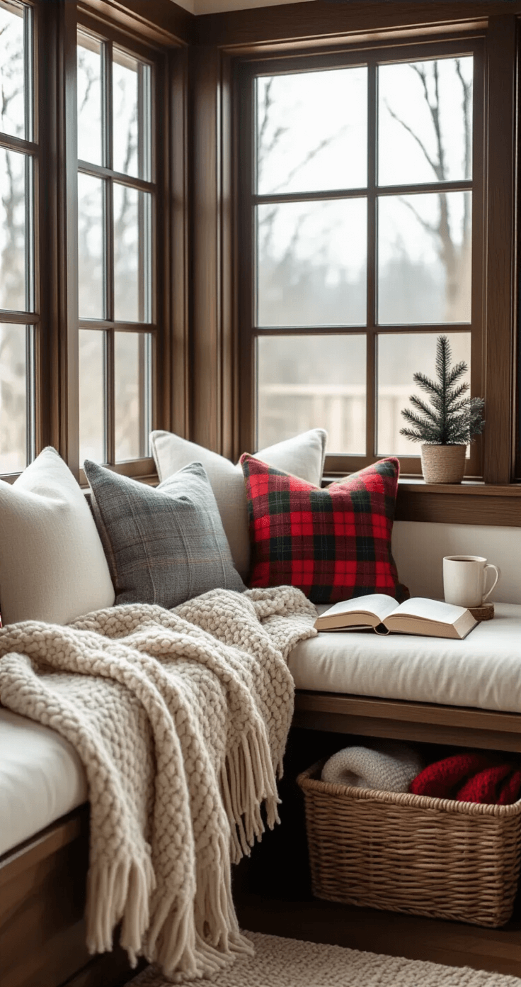 Close-up of a cozy reading nook featuring a built-in window seat with cream cushions and plaid pillows, accompanied by a chunky knit throw. Soft morning light casts gentle shadows, highlighting a dark wood window frame with frosted glass. A small side table holds a mug of hot cocoa and an open book, while a woven basket beneath is filled with extra blankets. A small potted evergreen sits on the windowsill, creating an inviting atmosphere with a neutral palette and subtle holiday red accents.