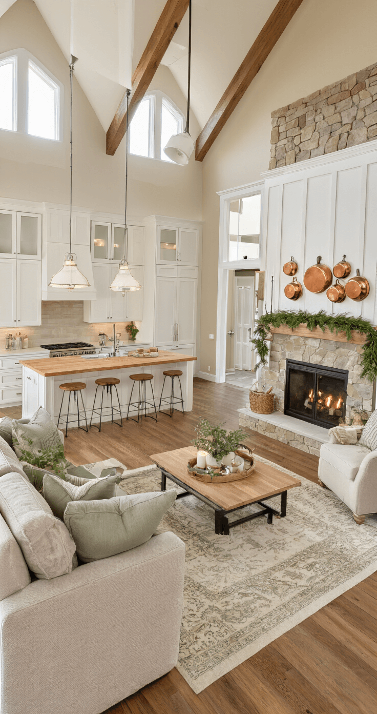 Wide shot of a stylish open-concept kitchen and great room featuring cathedral ceilings, white shaker cabinets, butcher block counters, and a large island with bar stools, all bathed in warm late afternoon light. The sectional sofa faces a stone fireplace, complemented by greenery and candles on a coffee table. Hardwood floors and area rugs define the spaces, with holiday garland on the mantle and copper pots in the kitchen, all in a cream and sage color scheme with natural wood accents, captured from a high angle to show the flow between areas.