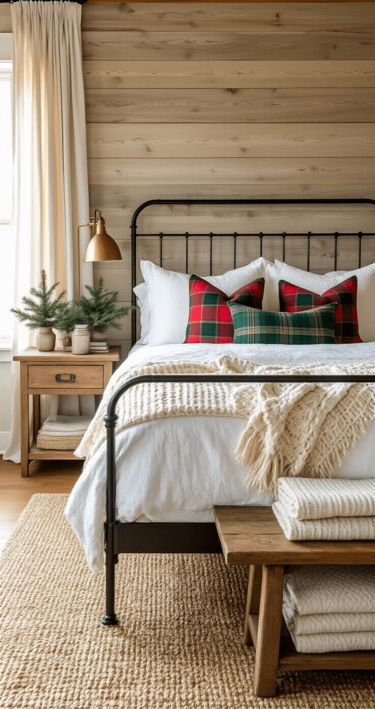 Medium shot of a cozy master bedroom featuring a wood accent wall, an iron bed frame, and golden morning light filtering through linen curtains. The bed is dressed with white bedding, a cream cable knit throw, and red and green plaid pillows. Vintage nightstands with brass lamps flank the bed, adorned with small evergreen arrangements in mason jars. The room has hardwood floors covered by a jute area rug, and a wooden bench at the foot of the bed holds folded quilts, creating a warm, inviting atmosphere with a neutral palette and seasonal touches.