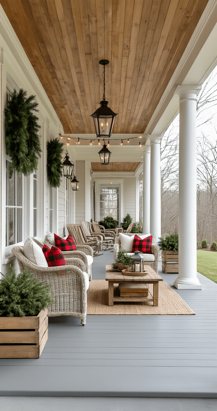 Wide-angle view of a covered porch featuring white columns and a wood ceiling, adorned with wicker furniture, cream cushions, red plaid pillows, and rustic holiday decor, including evergreen wreaths and string lights, creating a warm, inviting atmosphere.
