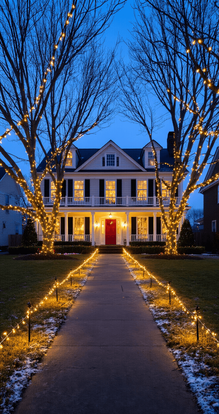 Wide-angle view of a suburban front yard at twilight, featuring a traditional two-story colonial home with a wraparound porch, illuminated by warm LED string lights hanging from bare oak trees. A pathway lined with golden stake lights leads to a red front door, surrounded by a manicured lawn lightly dusted with snow and evergreen bushes adorned in multicolored lights, all set against a deep blue sky.