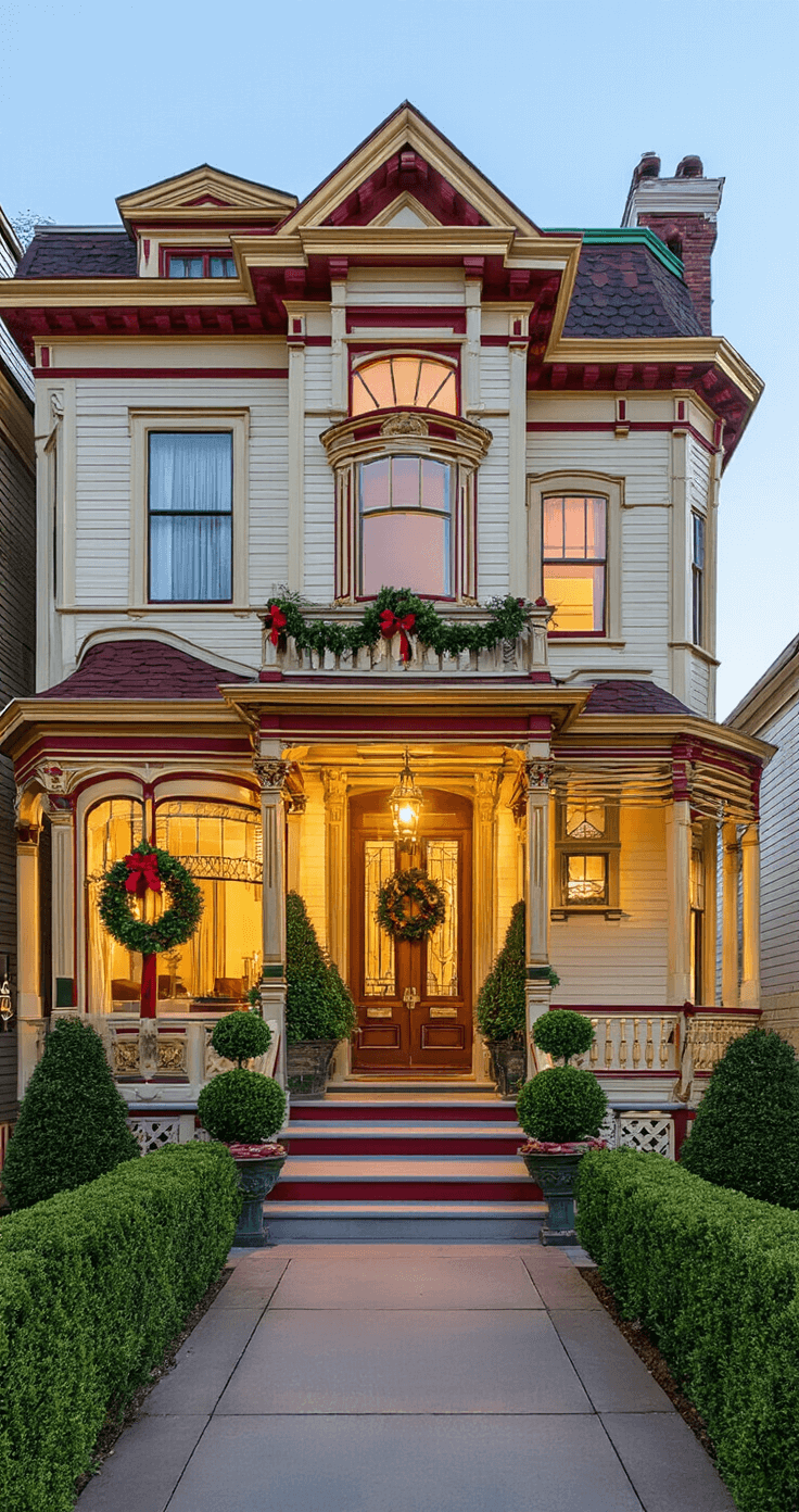 Close-up view of a Victorian home at golden hour, featuring a red-green-gold color scheme in the landscape. The home has detailed trim, glowing bay windows, and symmetrical wreaths with matching ribbon accents. Uniformly lit topiary bushes flank the entrance steps, contrasting rich jewel tones with cream-colored siding.