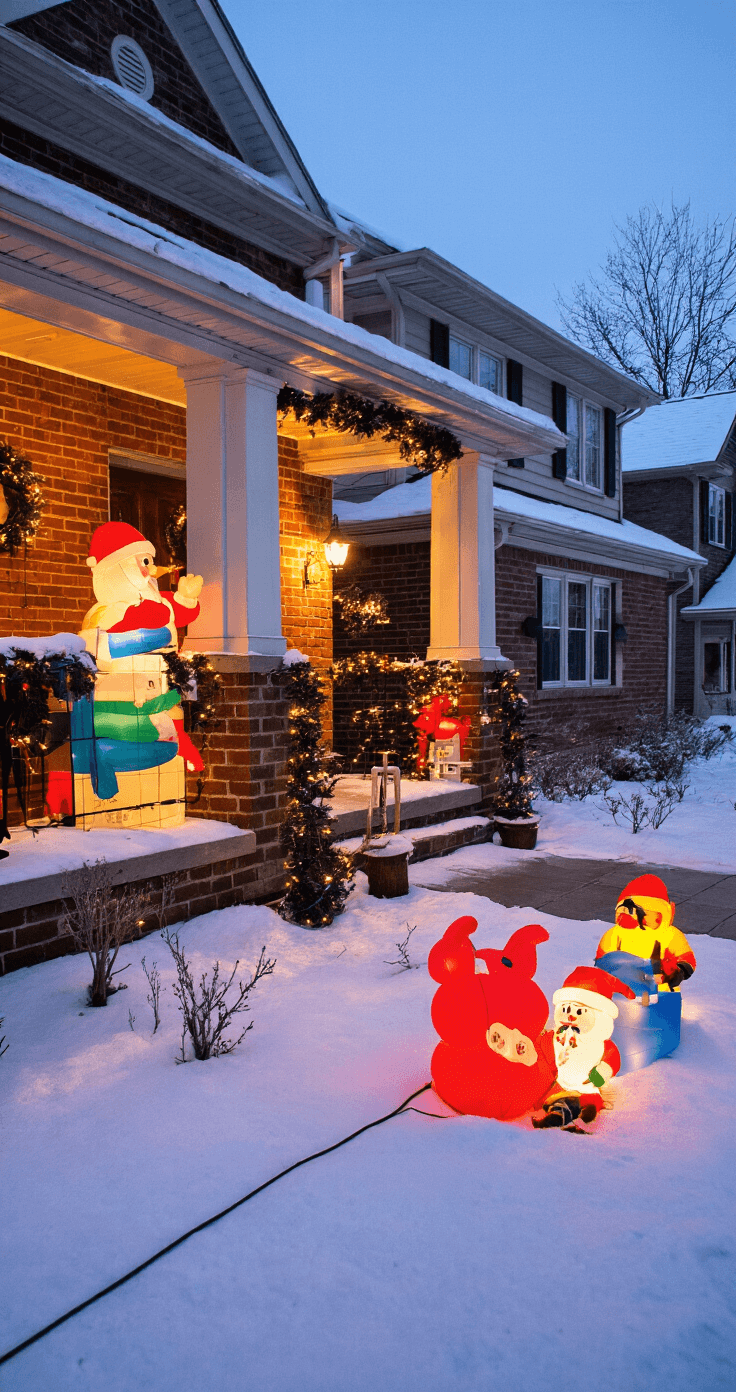 Wide shot of a split-level brick home at dusk, featuring a safety-focused holiday display with visible GFCI outlets, properly secured decorations resilient to winter weather, professional-grade outdoor lighting, neat cord management, and stable anchoring for inflatables, showcasing warm residential lighting in a responsible holiday decorating manner.