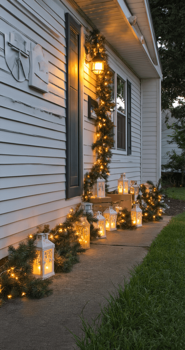 A cozy holiday scene featuring a modest ranch home with aluminum siding, showcasing budget-friendly DIY decorations like homemade luminaries along the walkway, DIY gift box decorations with battery-operated lights, and natural garland with white lights, all illuminated during the golden hour.