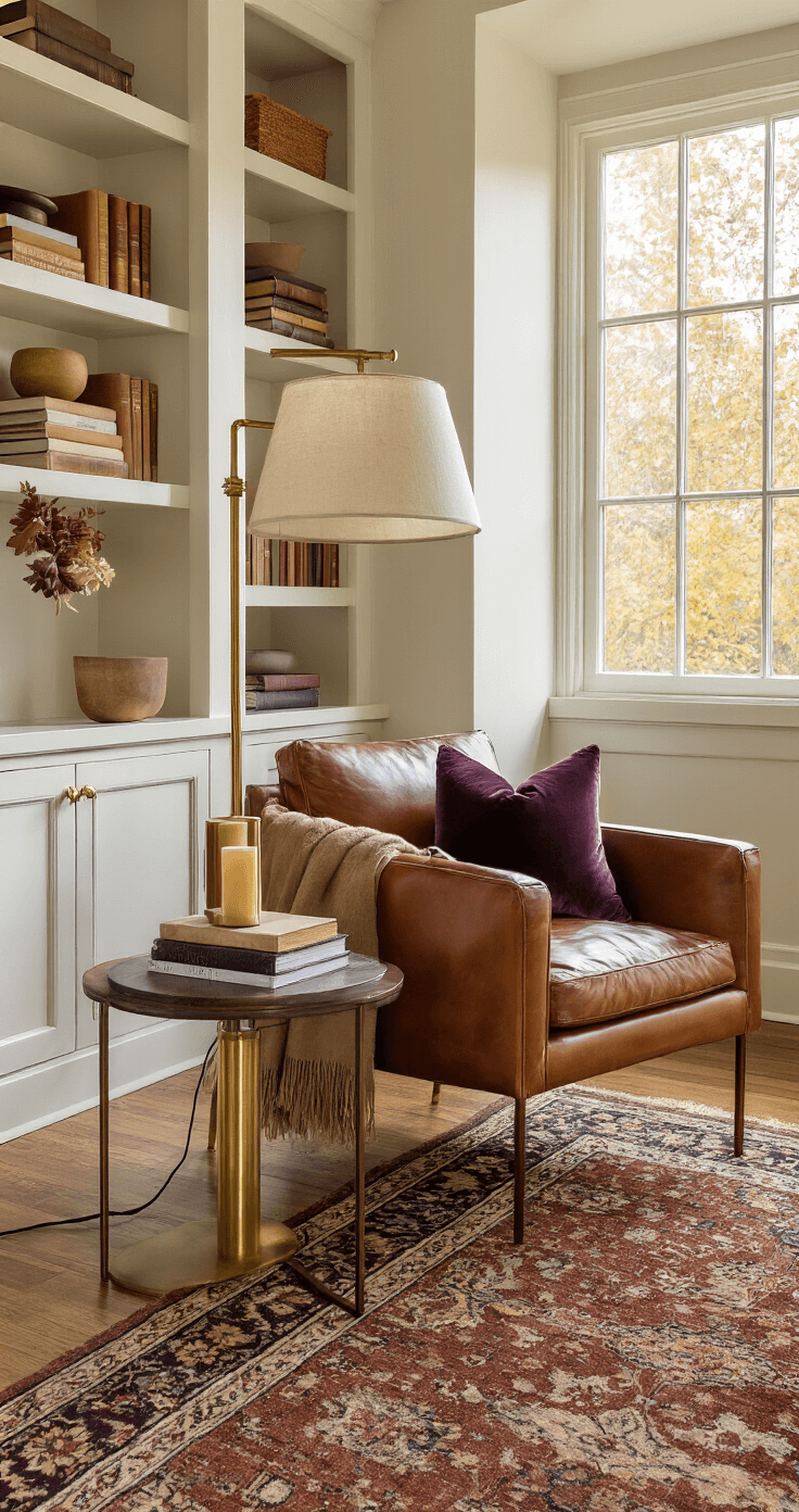 A cozy home office reading nook bathed in late afternoon golden light, featuring a mid-century cognac leather chair, a brass floor lamp, a side table adorned with modern fall candles and stylish book covers, and a textured deep brown cashmere throw with a muted purple velvet pillow. Built-in bookshelves showcase curated decor against hardwood floors topped with an earthy-toned Persian rug, all captured from a low angle to emphasize the warm, inviting atmosphere.