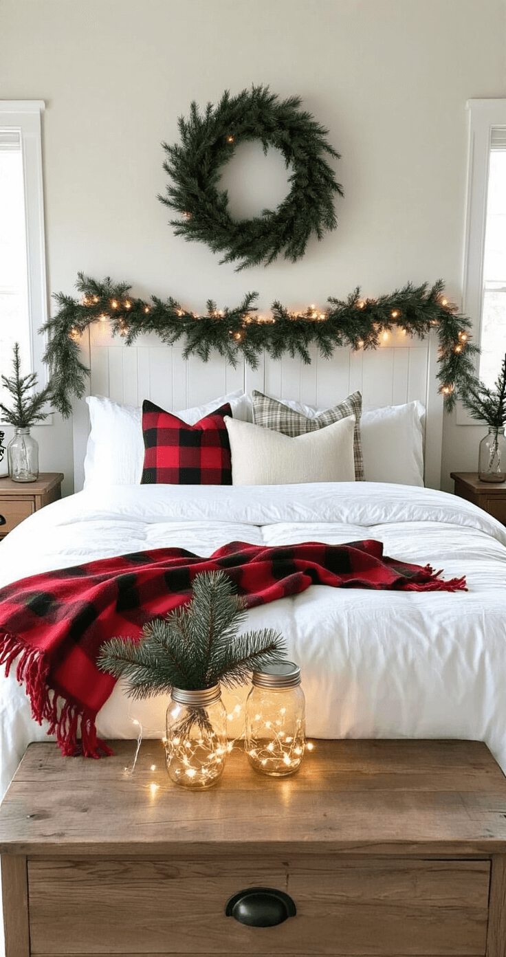 Budget-friendly bedroom transformation featuring simple white bedding with a red plaid throw, seasonal pillows, and Mason jar fairy lights on a reclaimed wood nightstand. Evergreen sprigs in vintage bottles and a handmade wreath above the headboard complement the neutral walls and warm wood accents.