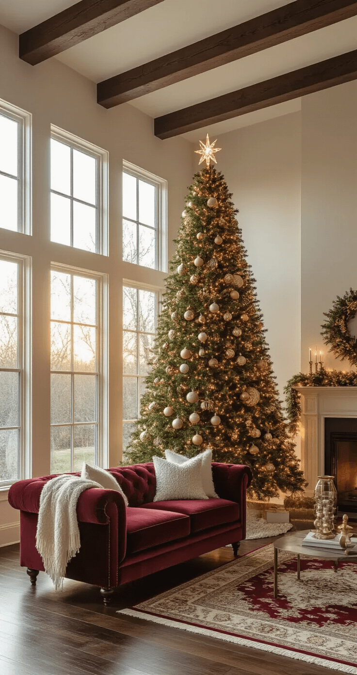 A cozy living room featuring a towering pre-lit Christmas tree adorned with metallic ornaments, a plush burgundy velvet sofa, and warm fairy lights, illuminated by golden hour sunlight streaming through tall windows.
