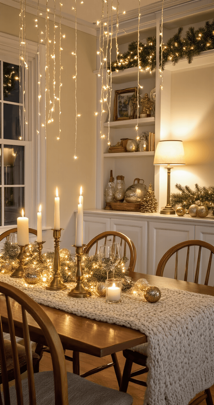 A cozy intimate dining room scene featuring warm LED string lights, pillar candles on a mahogany table, a glowing sideboard lamp, and a textured linen tablecloth, accented by a chunky knit runner and metallic ornaments, all under soft, inviting evening light.