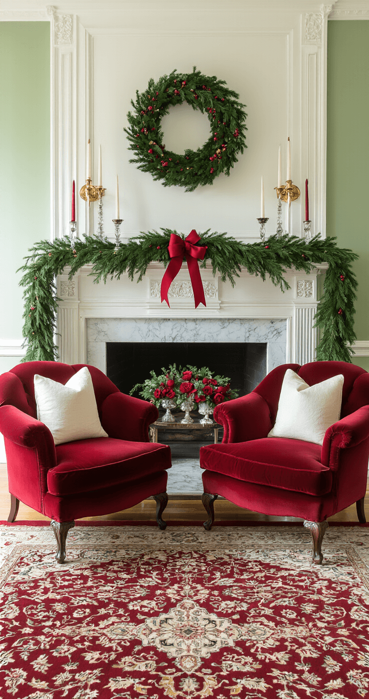 A classic formal parlor decorated for Christmas with red velvet armchairs, a marble fireplace adorned with forest green garland and red ribbon, ivory crown molding, antique brass fixtures, and a Persian carpet featuring burgundy and gold threads. Crystal vases hold holly arrangements, and red candles are placed in silver holders, all illuminated by soft late afternoon light, creating an elegant and timeless holiday atmosphere.