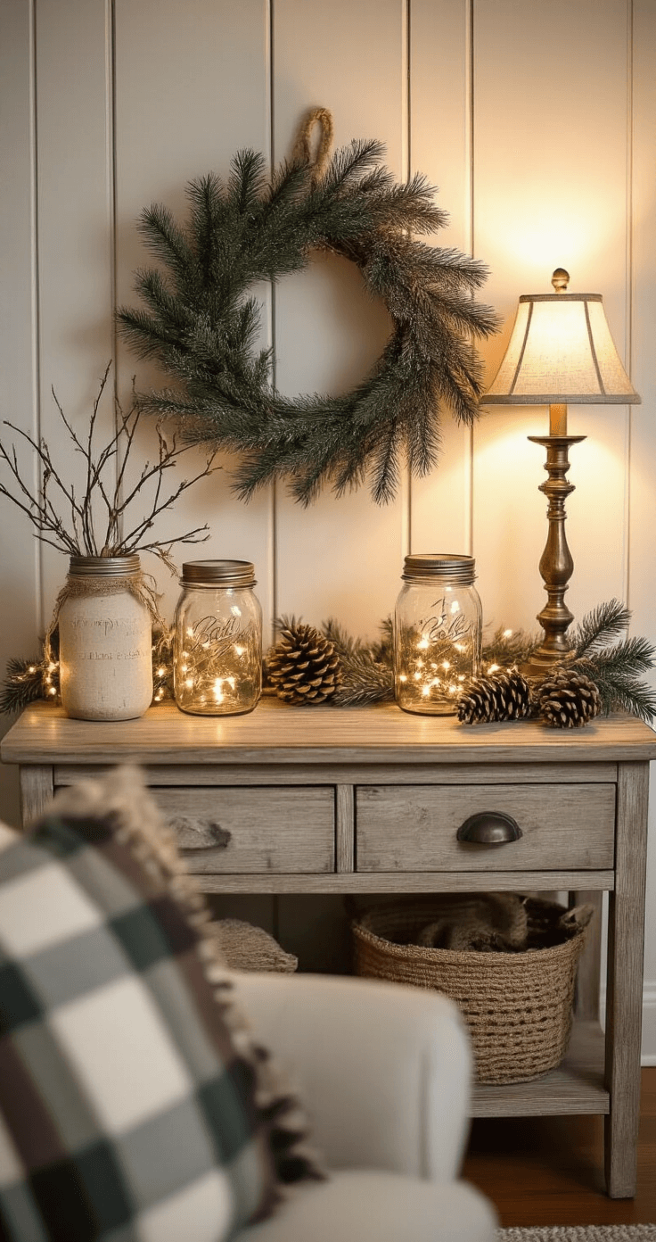 A cozy family room corner featuring warm evening lamplight illuminating a weathered wood console table adorned with a DIY ornament wreath, repurposed mason jars filled with fairy lights, and pine branches with natural pinecones. Accents of burlap ribbon and vintage brass candlesticks complement a handmade garland. Rustic wood paneling and a plaid throw on a nearby chair add to the comforting atmosphere, showcasing warm neutrals of cream, natural wood, sage green, and antique brass.