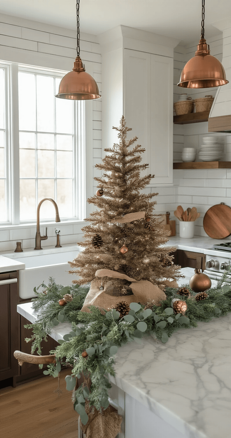 Modern farmhouse kitchen with a counter-height brown Christmas tree on a marble island, natural wood ornaments, and a fresh eucalyptus garland, illuminated by morning sunlight through white subway tile windows.