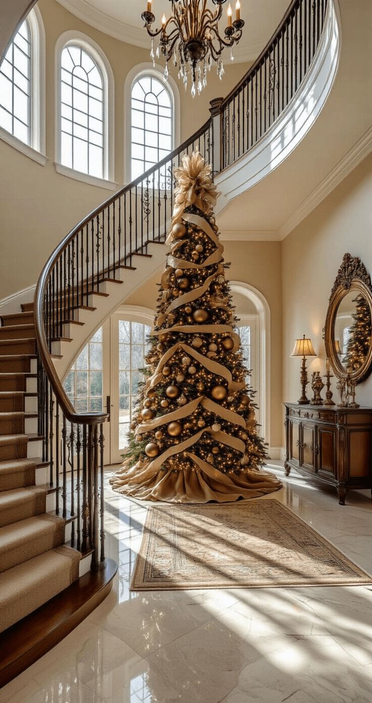 Elegant entryway foyer with a tall brown Christmas tree beside a curved staircase, adorned with bronze ornaments and burlap ribbons, illuminated by afternoon light and reflected in an antique mirror on a console table.