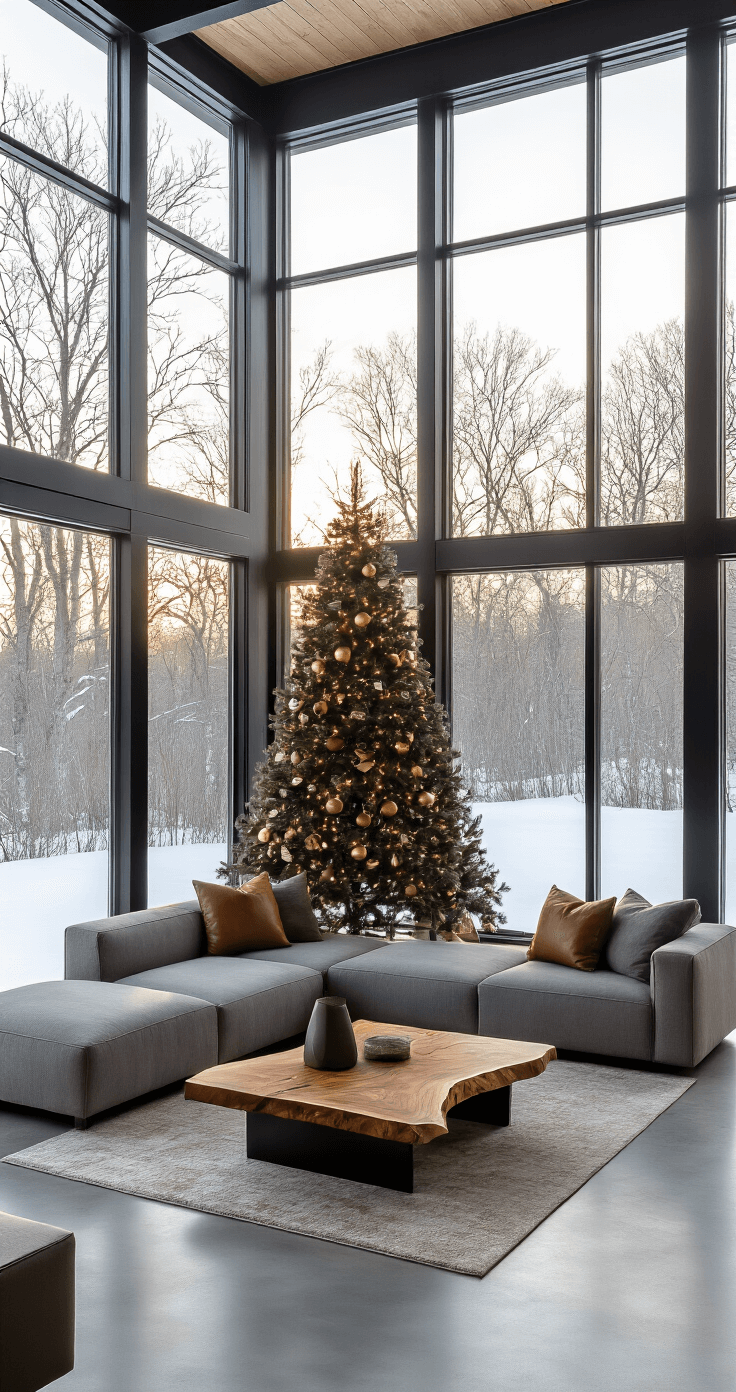 Contemporary open-plan living space with a brown Christmas tree near large windows, showcasing a winter landscape. The room is illuminated by golden afternoon light, casting long shadows on polished concrete floors. Decor features a modern gray sectional and live-edge walnut coffee table with industrial accents. The tree is minimally styled with geometric bronze ornaments and a leather ribbon. An exposed beam ceiling complements the neutral palette of grays, browns, and creams, capturing a serene modern atmosphere.
