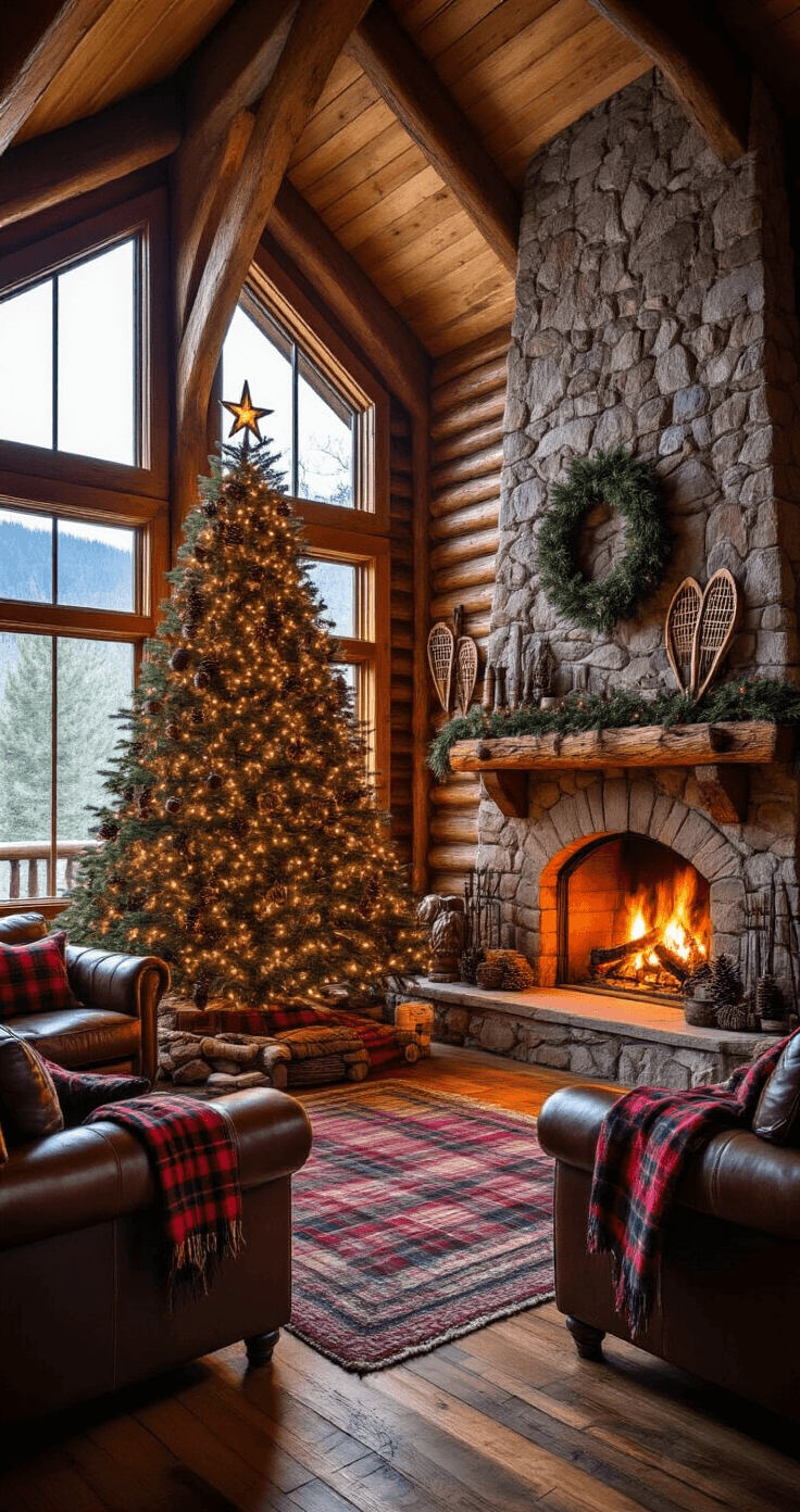 Cozy rustic great room with a massive brown Christmas tree beside a stone fireplace, warm firelight illuminating log walls and contrasting with cool tree lights, featuring leather furniture, plaid throws, and vintage snowshoes, all under rough-hewn timber beams.