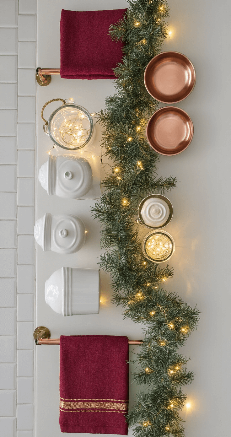 A cozy compact studio kitchen counter adorned for the holidays, featuring a miniature evergreen garland intertwined with white ceramic canisters, twinkling micro lights in mason jars, burgundy kitchen towels with gold threading, and decorative metallic copper mixing bowls, all set against a backdrop of a subway tile backsplash, illuminated by warm evening twilight.