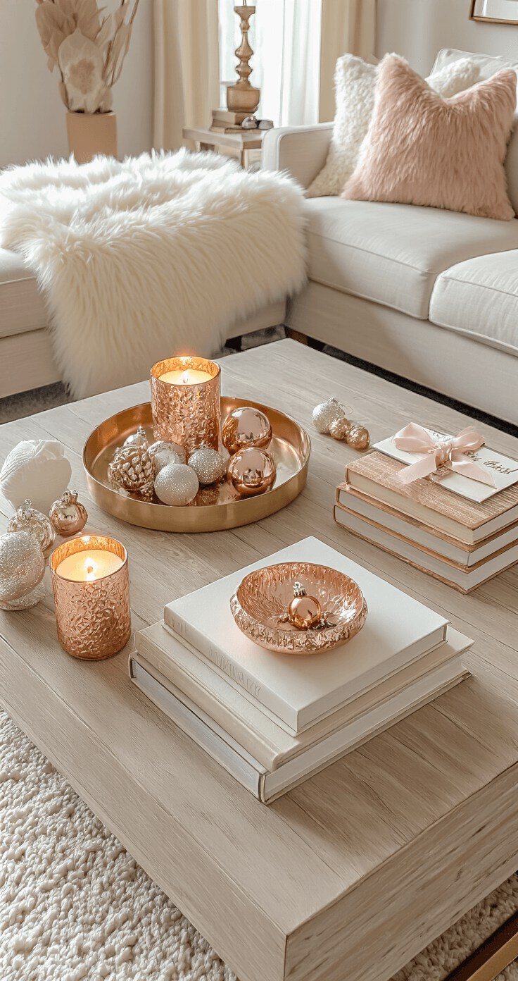 A cozy studio apartment living area during sunset, featuring a cream faux fur table runner, a rose gold candle trio, a vintage brass bowl with miniature ornaments, and a stack of holiday books with a ribbon bookmark, all arranged on a coffee table. The room is styled in blush and champagne colors with modern minimalist furniture, warm ambient lighting, and festive seasonal decor.