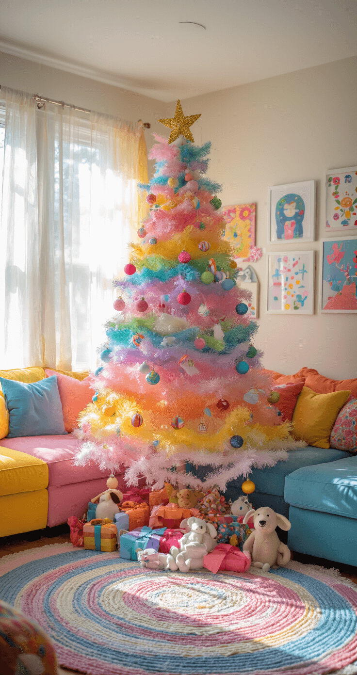A whimsical, 6-foot Christmas tree adorned with rainbow pastels and playful ornaments stands in a bright family room filled with afternoon sunlight. The tree is surrounded by a colorful sectional sofa, while candy-colored baubles, felt animals, and paper snowflakes create a joyful atmosphere. Children's artwork decorates the walls, and colorful throw pillows and a braided area rug add to the cheerful, magical vibe of the space. Glittering tinsel reflects the light, enhancing the scene's vibrant energy.
