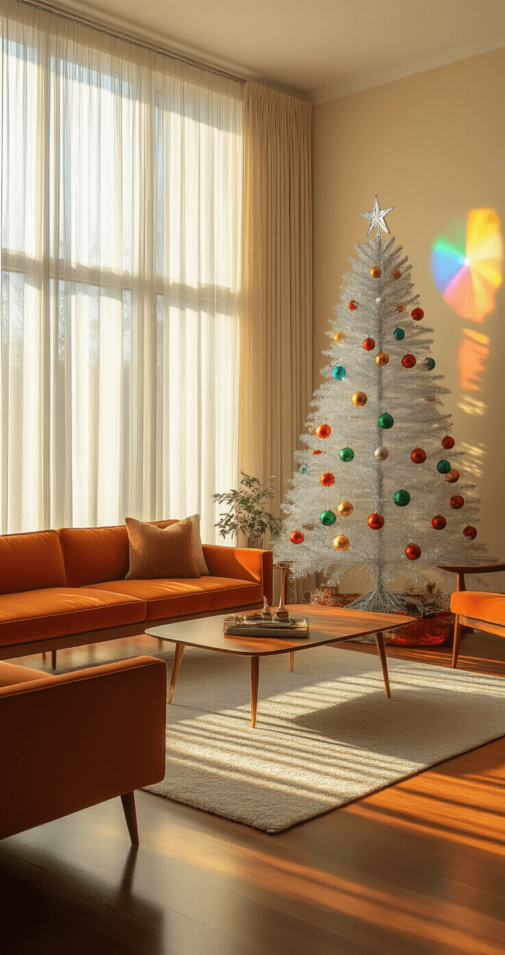 Photorealistic mid-century modern living room featuring a 7-foot aluminum Christmas tree with multicolor C7 bulbs, surrounded by vintage teak furniture, illuminated by warm golden hour sunlight streaming through sheer curtains.