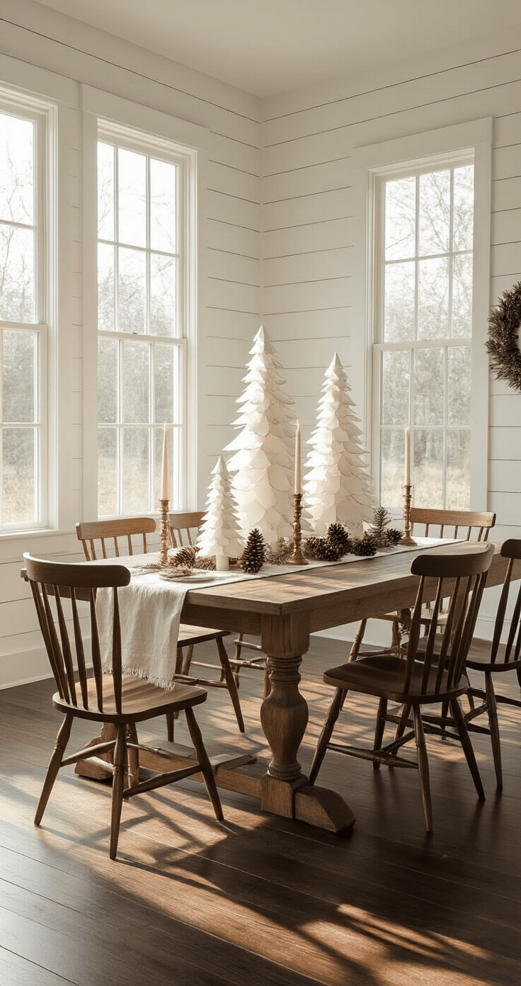 Photorealistic dining room featuring white shiplap walls and dark hardwood floors, illuminated by golden hour sunlight through large windows. A rustic farmhouse dining table is adorned with handcrafted white paper Christmas trees, vintage brass candlesticks, a linen table runner, and scattered pinecones, surrounded by Windsor chairs, all captured from an eye-level, 45-degree angle with soft directional lighting.