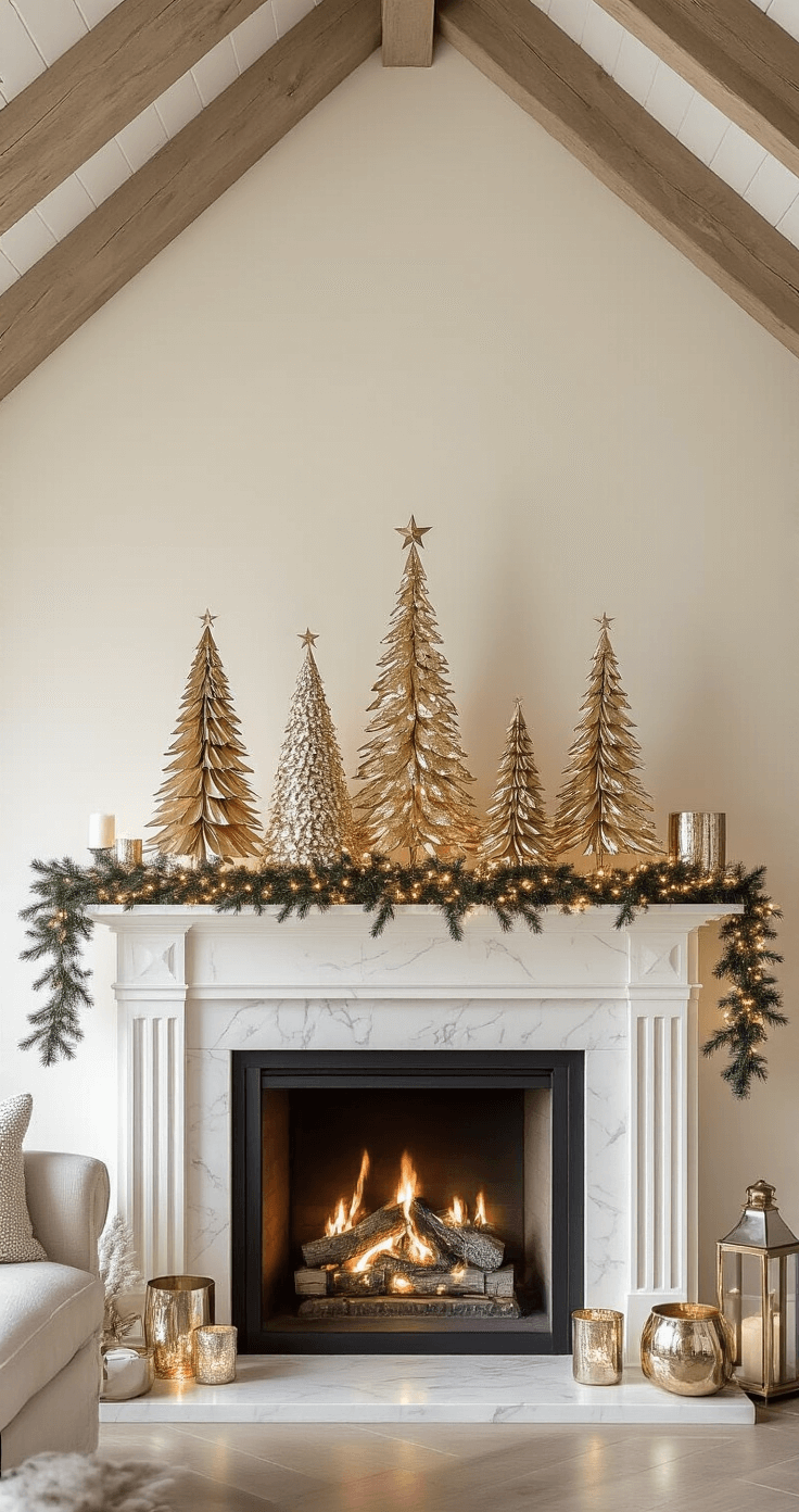 Cozy living room mantel decorated with metallic gold and silver paper Christmas trees, surrounded by fairy lights and vintage brass frames, with a warm fireplace ambiance and exposed wooden beams overhead.