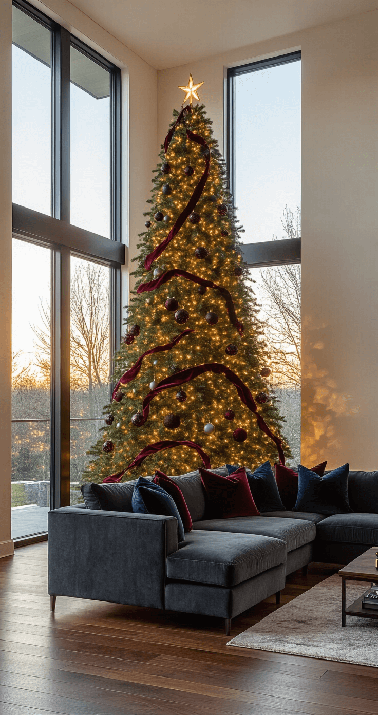 Modern living room featuring a 9-foot dark green Christmas tree adorned with burgundy ribbons and metallic ornaments, illuminated by warm white lights, with large windows showing golden hour light, and a plush charcoal sectional nearby.