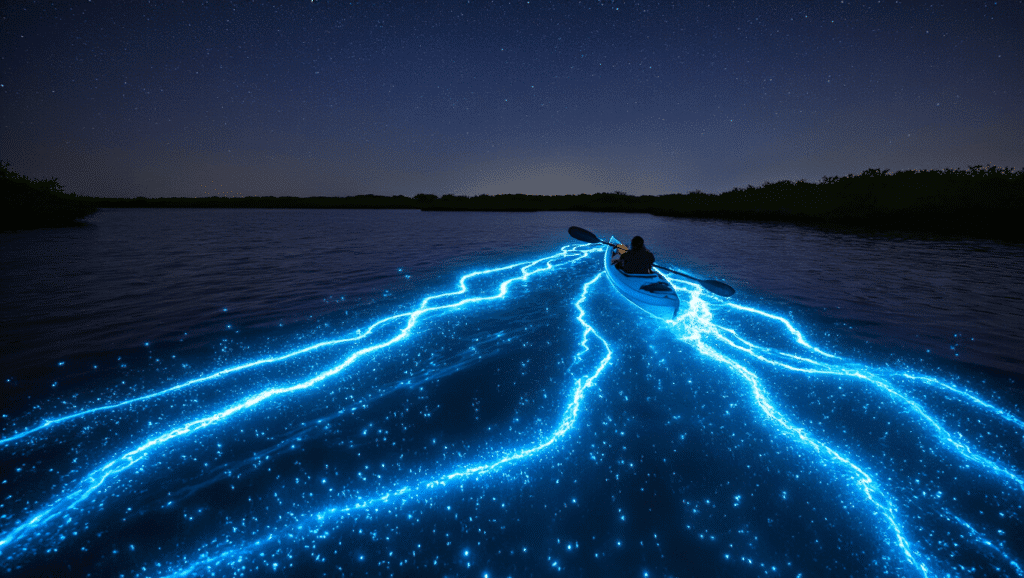 "Mystical nighttime kayaking scene on Indian River Lagoon with bioluminescent trails creating underwater constellation effect around a clear kayak paddle and luminous wake of blue-green light complementing the starry sky above."
