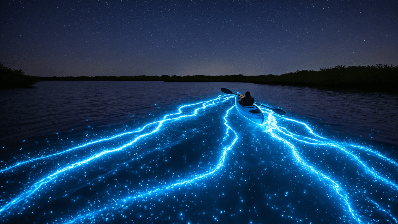 "Mystical nighttime kayaking scene on Indian River Lagoon with bioluminescent trails creating underwater constellation effect around a clear kayak paddle and luminous wake of blue-green light complementing the starry sky above."