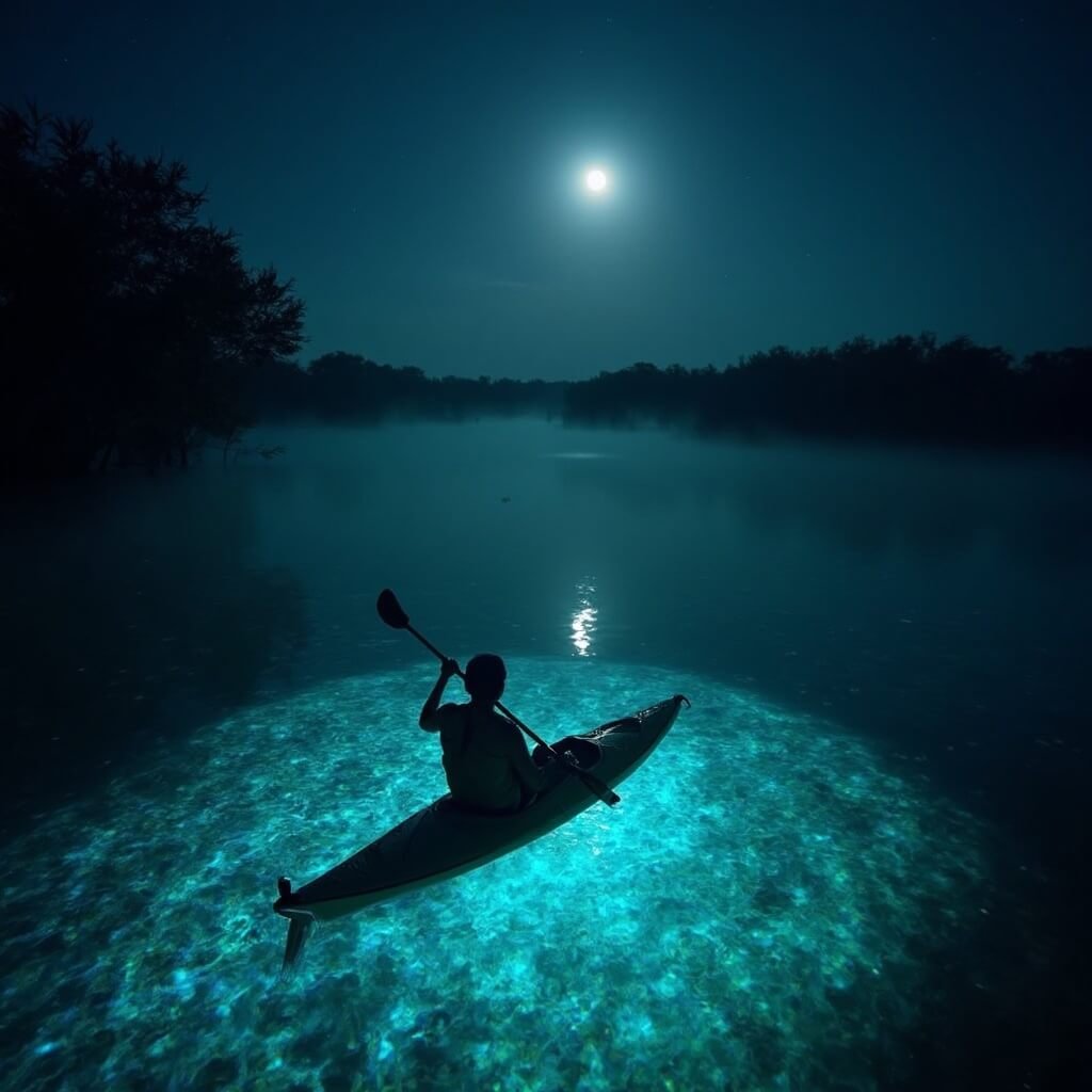 Bioluminescent kayaking scene at night in a serene lagoon with glowing blue-green organisms, under soft moonlight between mangrove silhouettes, with a still kayaker and ethereal underwater light patterns in a misty atmosphere.