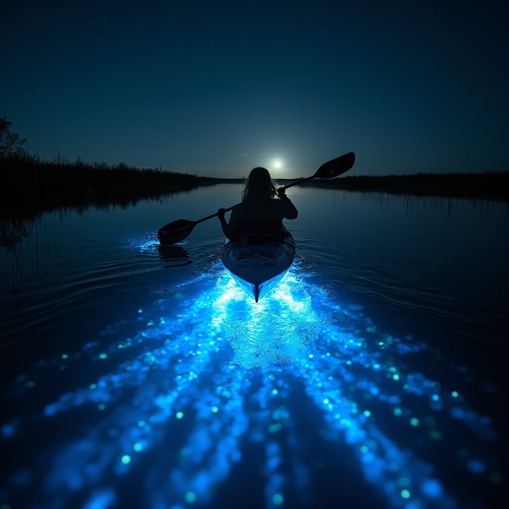 Kayakers exploring Indian River Lagoon at night with blue bioluminescent trails illuminating calm water, creating a serene scene with silhouettes of shoreline vegetation under star-filled sky.