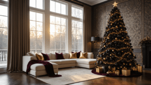A luxurious living room featuring a 7-foot black Christmas tree with matte black and gold ornaments, golden hour sunlight illuminating the space, warm white fairy lights, a cream sectional with gold accents, and rich mahogany floors, all creating an elegant and cozy atmosphere.