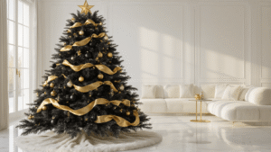 Elegant black Christmas tree adorned with gold ornaments and ribbons, set in a modern minimalist living room with cream marble floors and warm golden hour lighting.