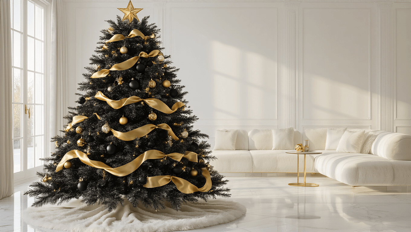Elegant black Christmas tree adorned with gold ornaments and ribbons, set in a modern minimalist living room with cream marble floors and warm golden hour lighting.