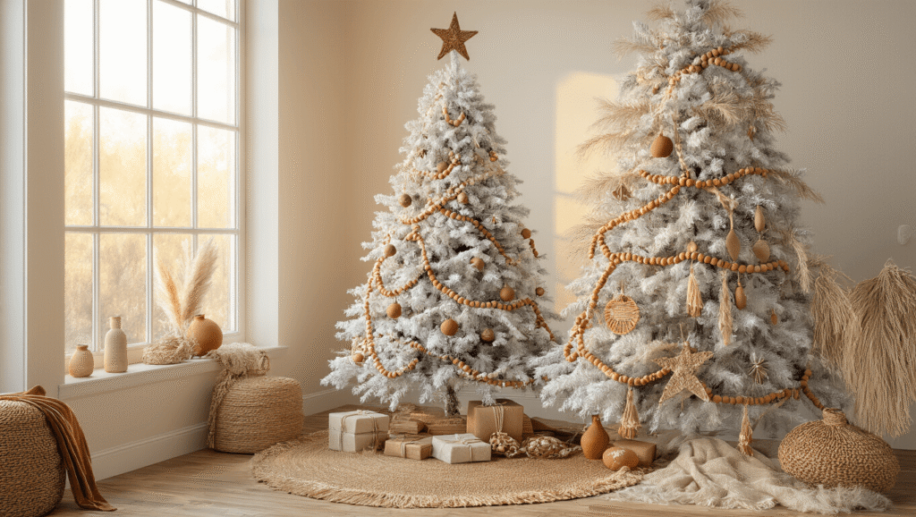 Cinematic wide shot of a bohemian Christmas tree adorned with pampas grass and wooden beads, featuring handmade ornaments, a rattan star topper, and warm golden hour lighting in a cozy living room setting.