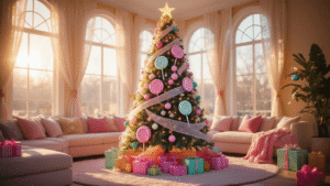 Cinematic wide shot of a large Candyland Christmas tree in a warm living room, decorated with oversized pastel lollipop ornaments, glittery gumdrop lights, and colorful ribbons, illuminated by golden hour sunlight.