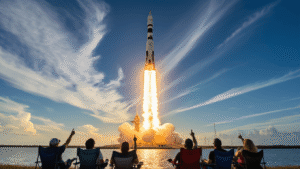 Rocket launch at Cape Canaveral seen from Jetty Park with spectators in silhouette, Indian River and Kennedy Space Center in the background, and a fiery exhaust against a deep blue sky.