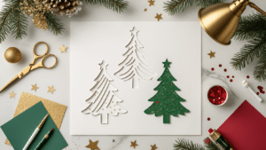 Cinematic close-up of a crafting workspace with white Christmas tree templates, metallic gold scissors, emerald green cardstock, and ruby red sequins on a marble surface, framed by scattered gold star confetti and pine sprigs, with soft lighting highlighting textures and a warm brass lamp illuminating decorated tree templates.