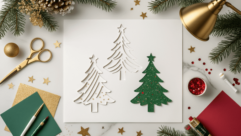 Cinematic close-up of a crafting workspace with white Christmas tree templates, metallic gold scissors, emerald green cardstock, and ruby red sequins on a marble surface, framed by scattered gold star confetti and pine sprigs, with soft lighting highlighting textures and a warm brass lamp illuminating decorated tree templates.
