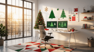 A modern designer workspace bathed in warm golden hour lighting, featuring a sleek white desk with dual monitors displaying Christmas tree PNG graphics, colorful swatches, and floating transparent tree illustrations, set against a minimalist backdrop with design books and a holiday mood board.