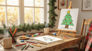 Cozy art studio corner with a rustic wooden desk full of colorful art supplies, a child's easel showcasing a simple Christmas tree sketch, and warm sunlight illuminating festive decorations and holiday artwork on cream walls.
