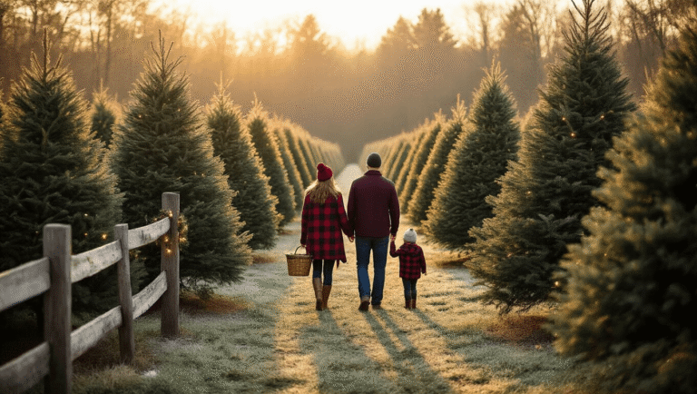 A family in coordinated winter clothing walking through a magical Christmas tree farm during golden hour, with evergreen rows, dappled sunlight, and rustic wooden fence posts, creating a warm and festive atmosphere.
