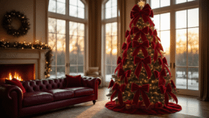 Cinematic shot of a majestic 9-foot Christmas tree decorated with oversized crimson velvet bows in a luxurious living room, bathed in warm golden hour light, featuring a rich burgundy leather sofa and a cozy fireplace.