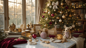 Cinematic overhead view of a cozy Christmas tree styling station on marble, showcasing pearl-encrusted bow toppers, handcrafted glass ornaments, felt animal motifs, and luxurious baubles in burgundy and gold, illuminated by warm golden hour light.