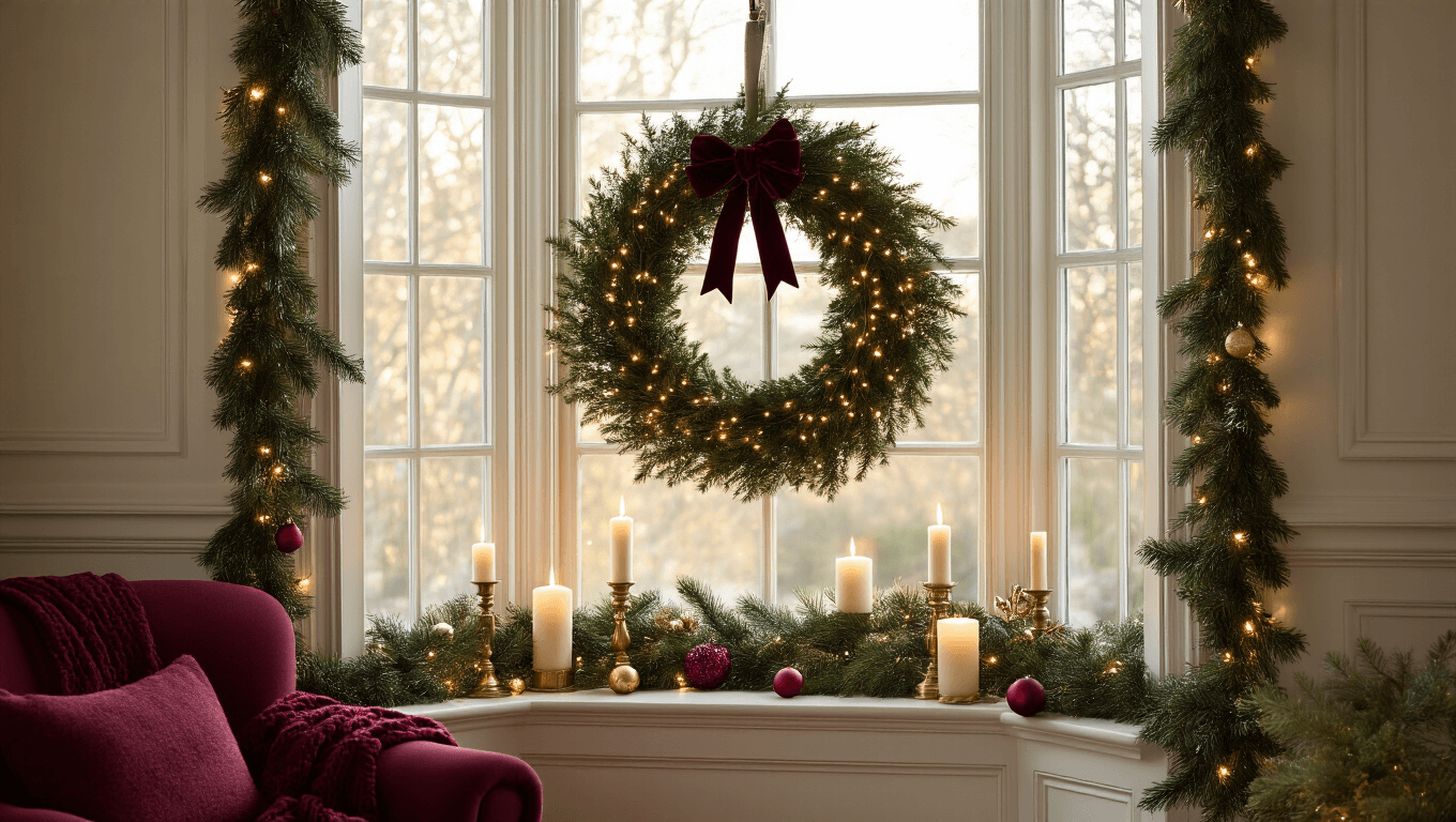 A beautifully decorated bay window for Christmas, featuring a large evergreen wreath with a velvet ribbon, glowing fairy lights, flickering brass candles, and natural pine garland, with cozy textiles and warm ambient lighting.