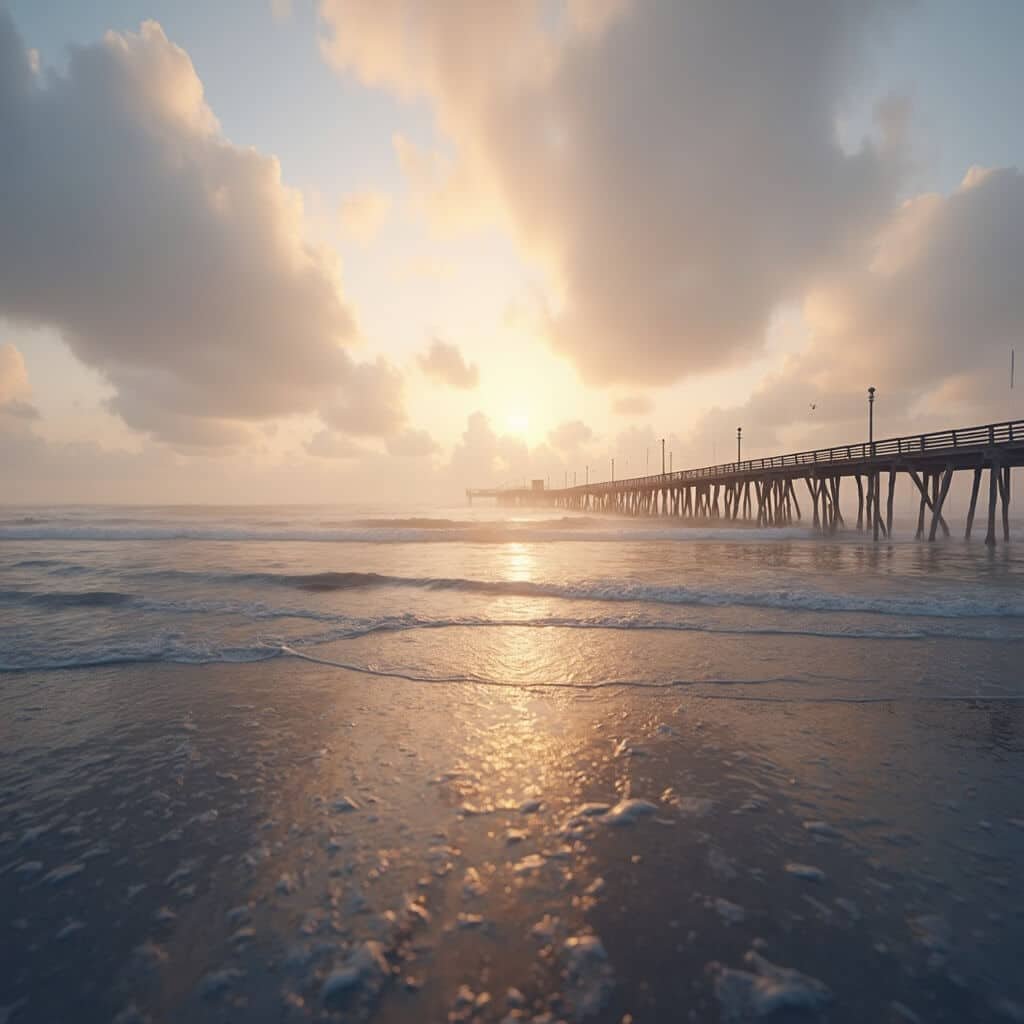 Ultra-realistic dawn view of Cocoa Beach Pier stretching into the misty Atlantic Ocean with golden sunlight piercing through clouds and reflecting on smooth water, captured in Canon professional landscape photography style, 4K resolution