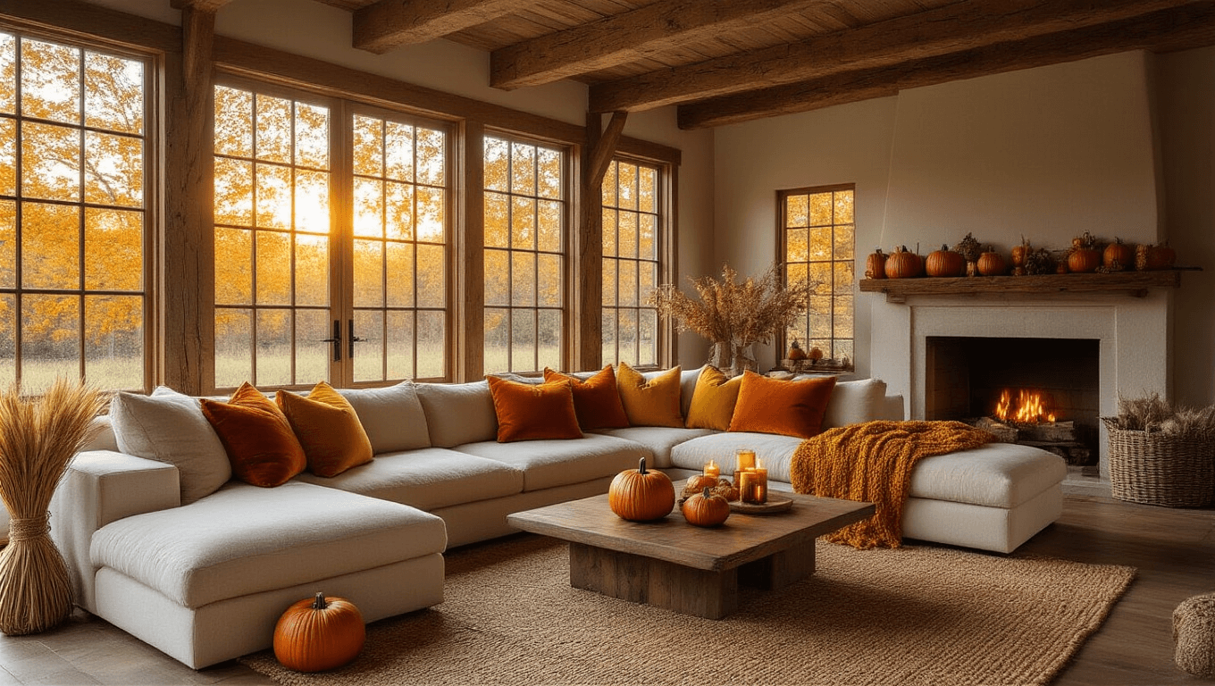 A cozy autumn living room featuring a plush cream sectional sofa with burnt orange and mustard yellow pillows, warm sunlight streaming through large windows, rustic wooden beams, a rich walnut coffee table with ceramic pumpkins, and amber glass lanterns, creating an inviting hygge atmosphere.