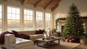 Cozy living room decorated for Christmas with a Fraser fir tree, warm light, and festive accents, featuring a vaulted ceiling, leather sectional, and a stone mantelpiece adorned with pine garland and ornaments.