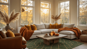 Cinematic wide-angle shot of a cozy fall living room with warm golden hour light, featuring a plush sectional sofa with burnt orange throws, mustard yellow pillows, a reclaimed walnut coffee table with autumn decor, a cognac leather chair, and a geometric area rug, creating an inviting autumn atmosphere.
