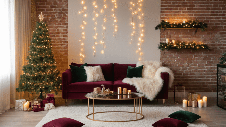 A cozy studio apartment decorated for Christmas with a slim pencil tree adorned with warm white lights, a burgundy velvet sofa with cream faux fur pillows, rose gold accents on a glass coffee table, cascading string lights on an exposed brick wall, and a warm amber glow from battery-operated candles.