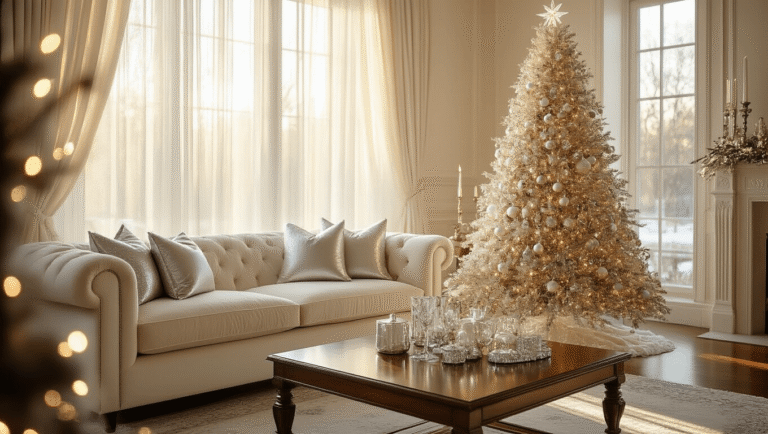 An elegant crystal Christmas tree centerpiece on a polished mahogany coffee table in a warmly lit living room, featuring a cream velvet sofa with silver throw pillows, hardwood floors, and a Persian rug, creating a cozy holiday atmosphere.