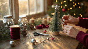 Close-up of hands crafting a DIY Christmas tree topper on a rustic farmhouse table, surrounded by crafting materials like metallic picks, velvet ribbons, and ornaments, with warm light and a softly blurred Christmas tree in the background.